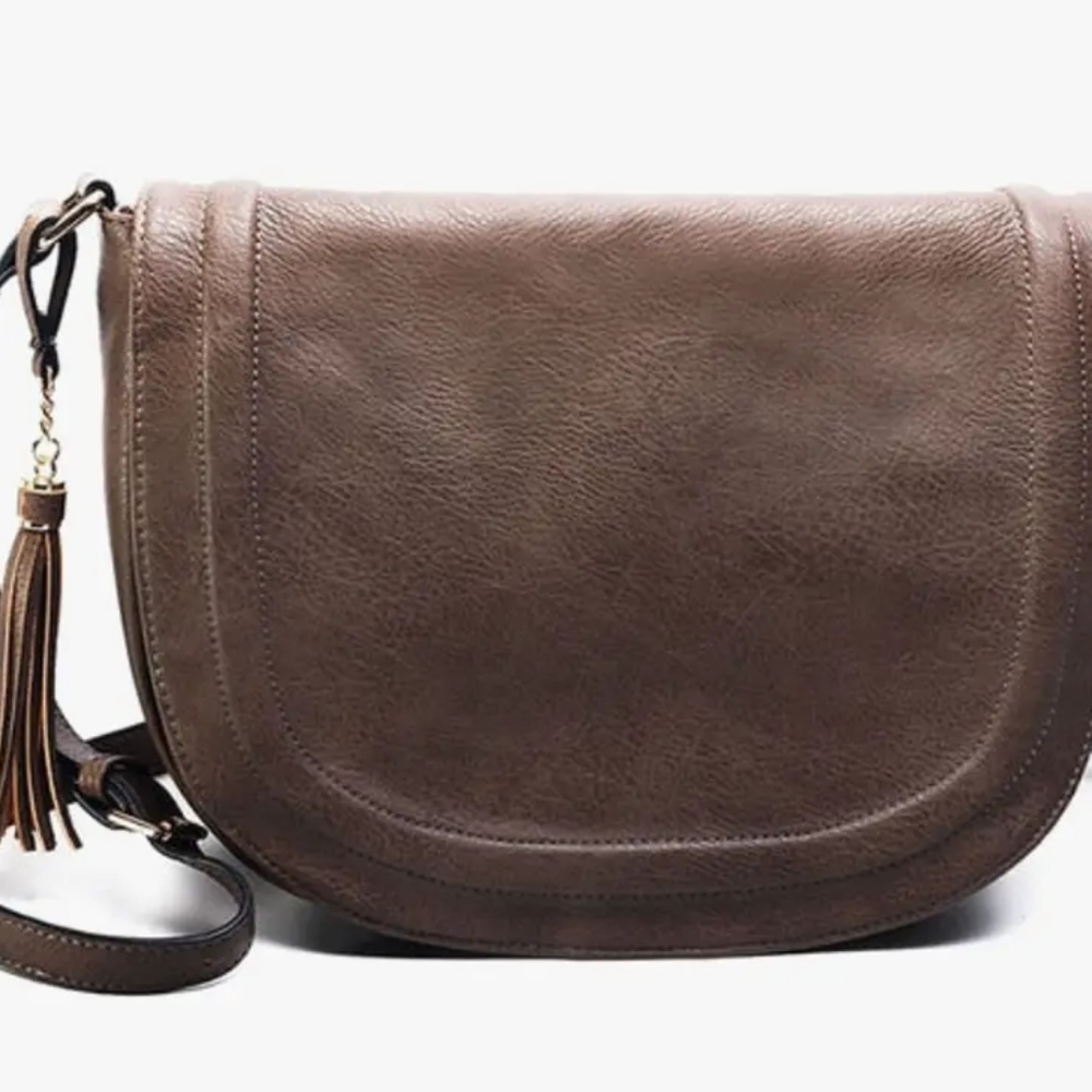 Amelie Galanti Brown Faux Leather Large Crossbody Saddle Bag